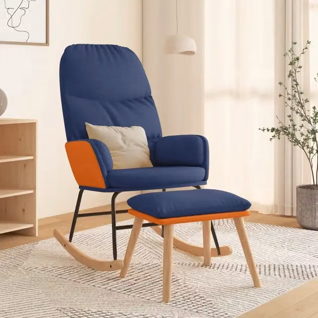 Poltrona a Dondolo con Poggiapiedi vidaXL in Tessuto e Similpelle Blu con Imbottitura in Schiuma e Struttura in Legno e Metallo – 1