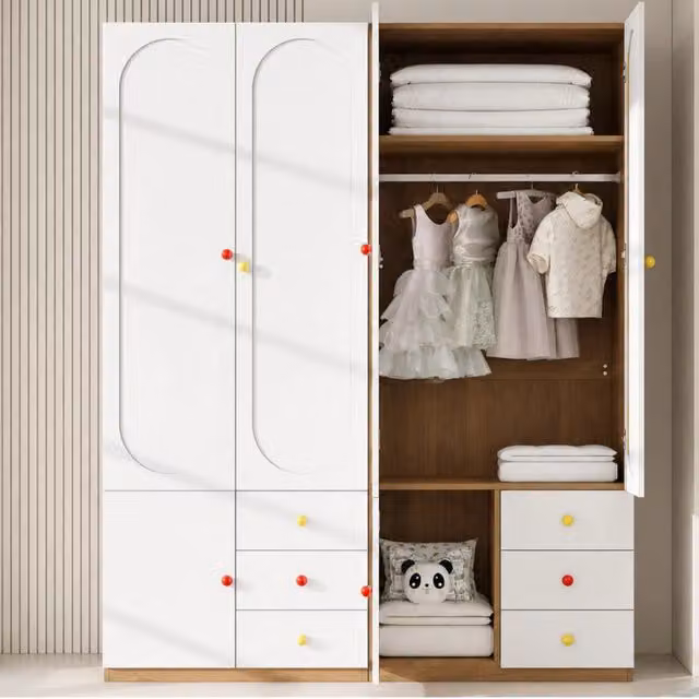Desviae Set di 2 armadi a due ante con tre cassetti e barra appendiabiti in MDF bianco per cameretta 80 × 50 × 200 cm