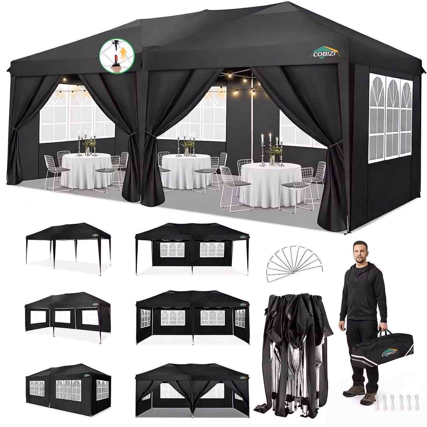 Gazebo da esterno 3x6 metri, impermeabile, stabile, con protezione anti-UV e dotato di 6 pareti laterali, colore nero