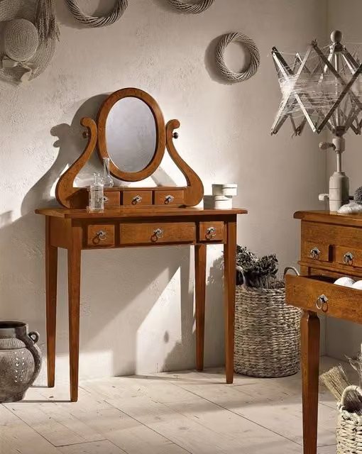 Consolle in legno con 6 cassetti e specchiera in stile arte povera color noce Mobili 2G L: 90 cm, P: 40 cm, H: 81 cm