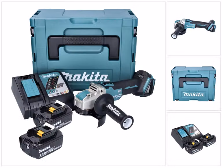 Makita DGA 521 RFX1J Smerigliatrice angolare a batteria 18 V 125 mm X-LOCK Brushless + 2x batteria ricaricabile 3,0 Ah + caricabatterie + Makpac