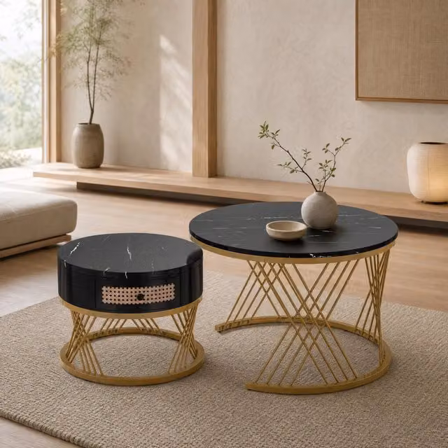 Tavolino da salotto rotondo 2 in 1 MODFU con effetto marmo nero e dettagli oro in MDF e metallo – 1