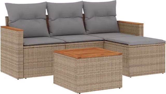 Set Divano da Giardino 5 pz | Set Salotto da Giardino con Cuscini Beige in Polyrattan