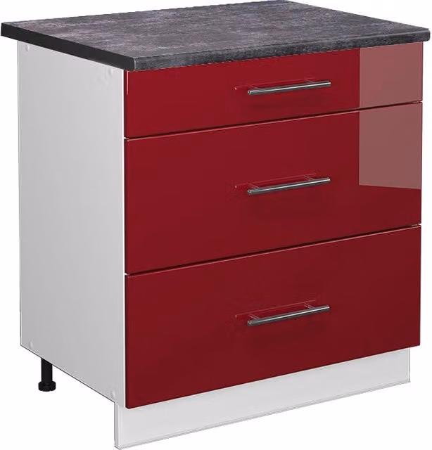 Mobiletto base per cucina Fame-Line Bordeaux lucido/Bianco 80 cm con 3 cassetti, PL Antracite Vicco