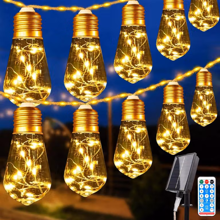 Catena luminosa solare, 5 metri, 149 LED, cavo in canapa, grado di protezione IP65, 10 lampadine, 8 modalità