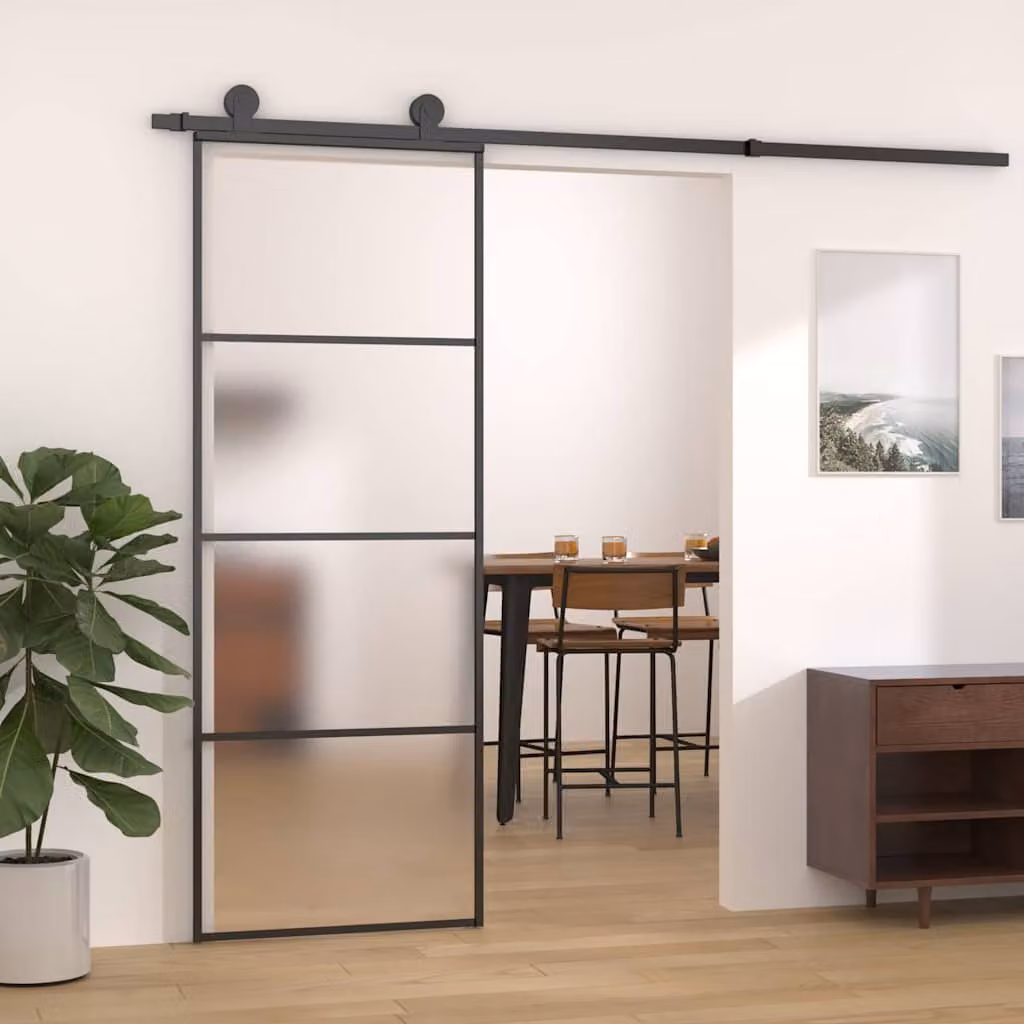 Porta Scorrevole vidaXL in Alluminio e Vetro Smerigliato ESG, Colore Nero, L: 76 cm, H: 205 cm