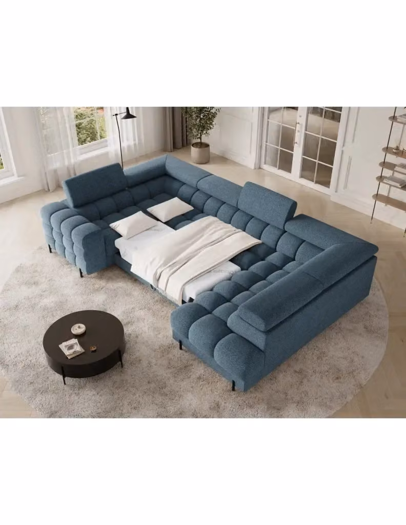 Divano panoramico convertibile FACTORY Meublorama blu con angolo destro, vano contenitore e funzione letto, L: 346 cm x P: 205 cm x H: 93 cm – 2