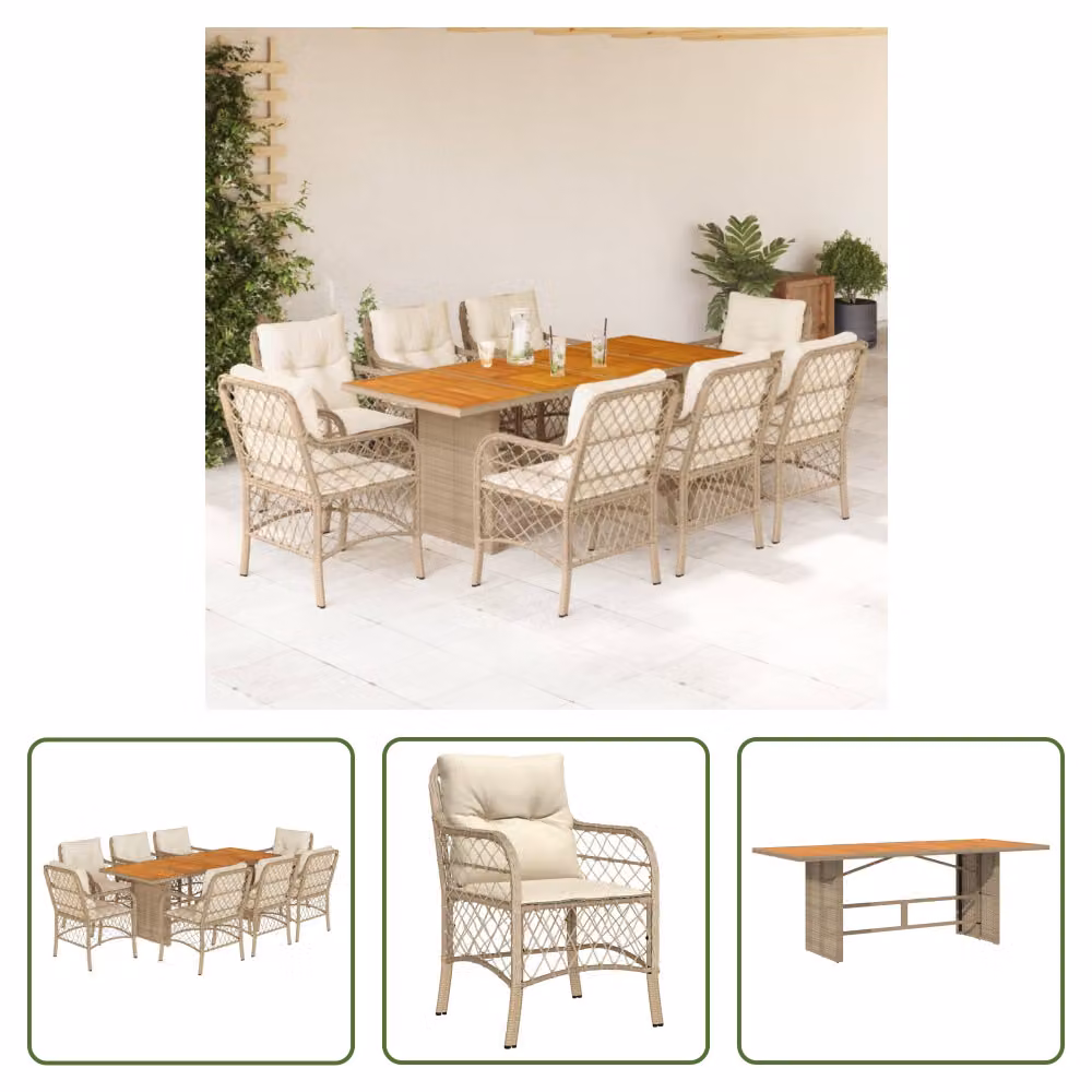 The Living Store Set da pranzo da giardino 9 pezzi con cuscini Beige poly rattan