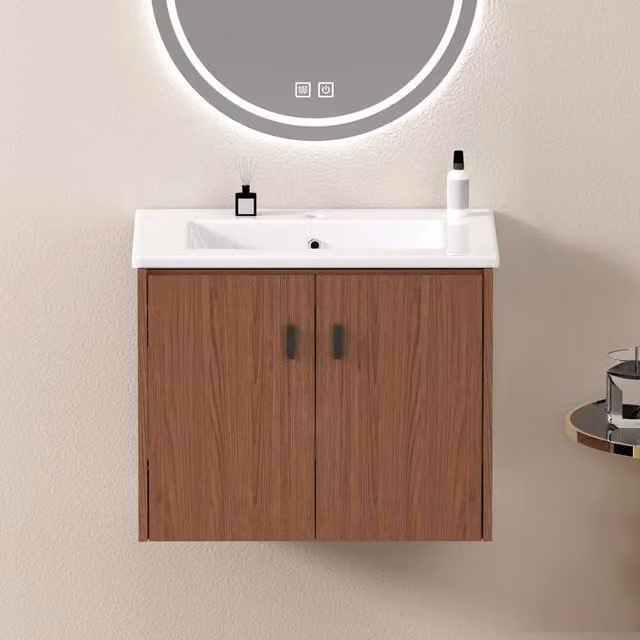 Mobile bagno sospeso con lavabo in ceramica, MDF bianco e vetro scanalato