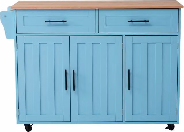 Isola da Cucina Mobile 129x46/71x91,5 cm Azzurra e Legno con Piano Ribaltabile, 2 Cassetti e 5 Ruote