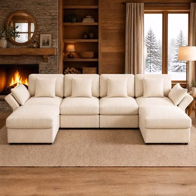 Divano angolare modulare 4-6 posti in corduroy beige; 290 x 159;5 x 89 cm; braccioli regolabili
