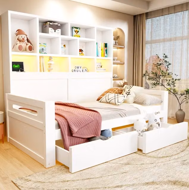 Letto multifunzione 90 x 200 cm con 2 cassetti; LED e prese; MDF bianco