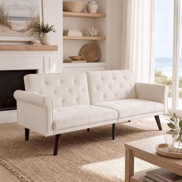 Divano letto 2 posti beige in velluto con schienali regolabili