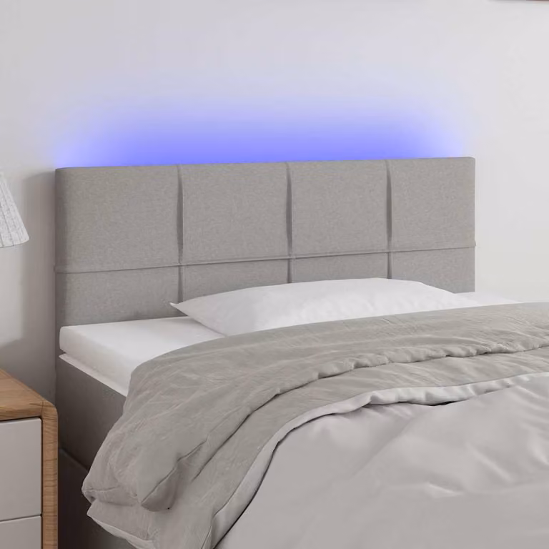 Testiera per letto vidaXL in tessuto grigio chiaro con illuminazione LED e porta di ricarica USB, L: 90 cm, P: 5 cm, H: 78-88 cm