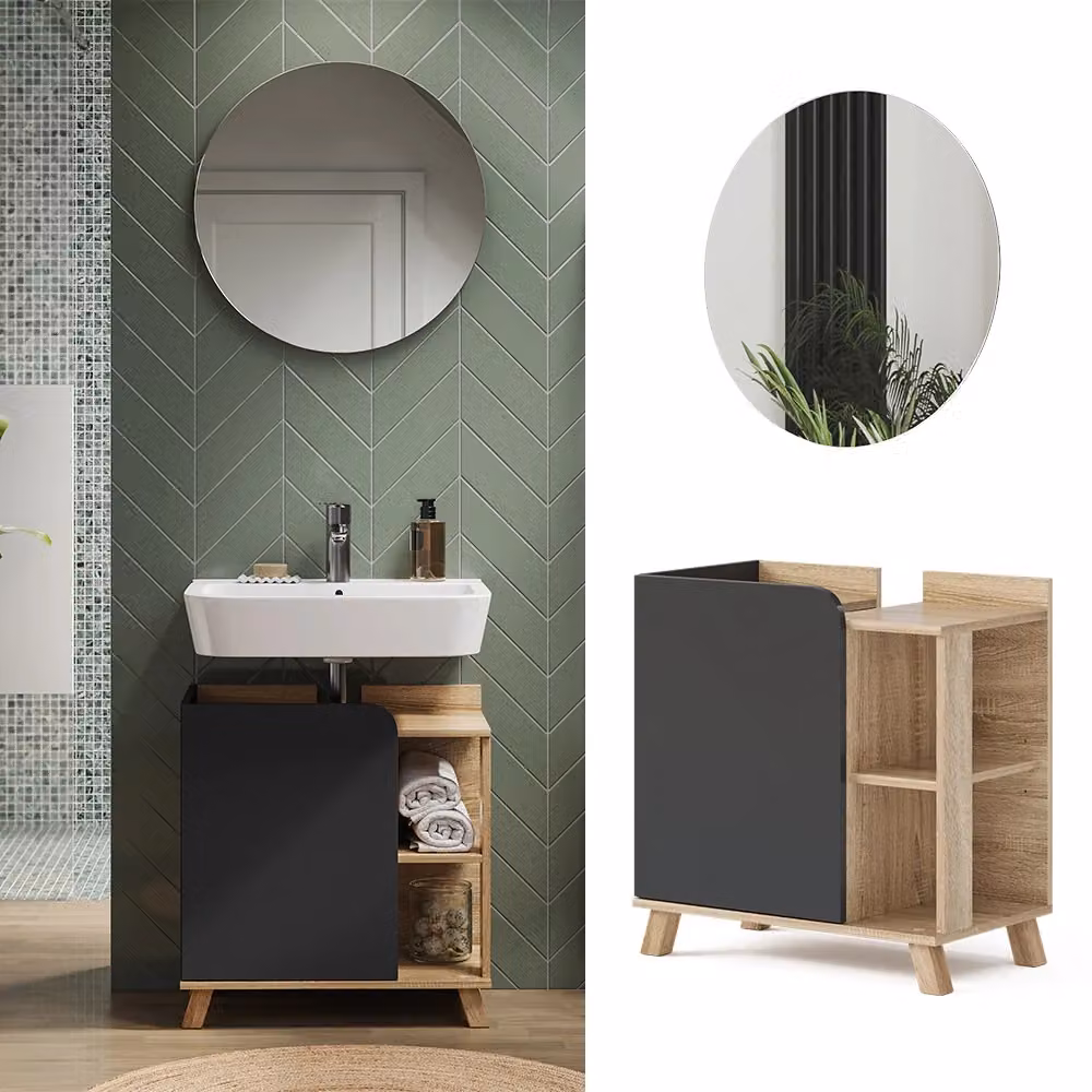 Set di mobili da bagno Vicco Karen composto da base lavabo e pensile con specchio, colore Sonoma/Antracite, L: 60.0 cm, P: 35.0 cm, H: 65.0 cm – 2