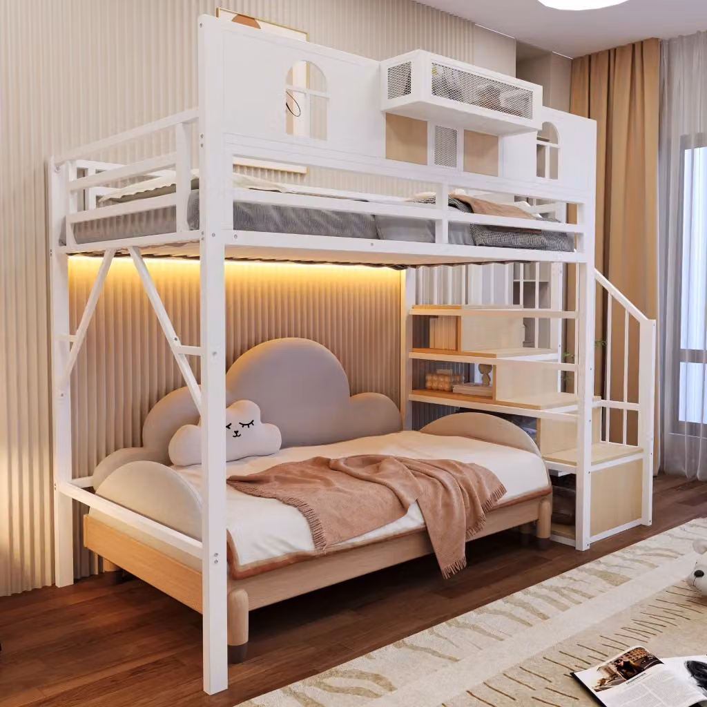 Letto a soppalco singolo WISHDOR in metallo e MDF bianco con scala contenitore, mensola e luci, L/P/H: 200 x 90 x 255 cm – 2