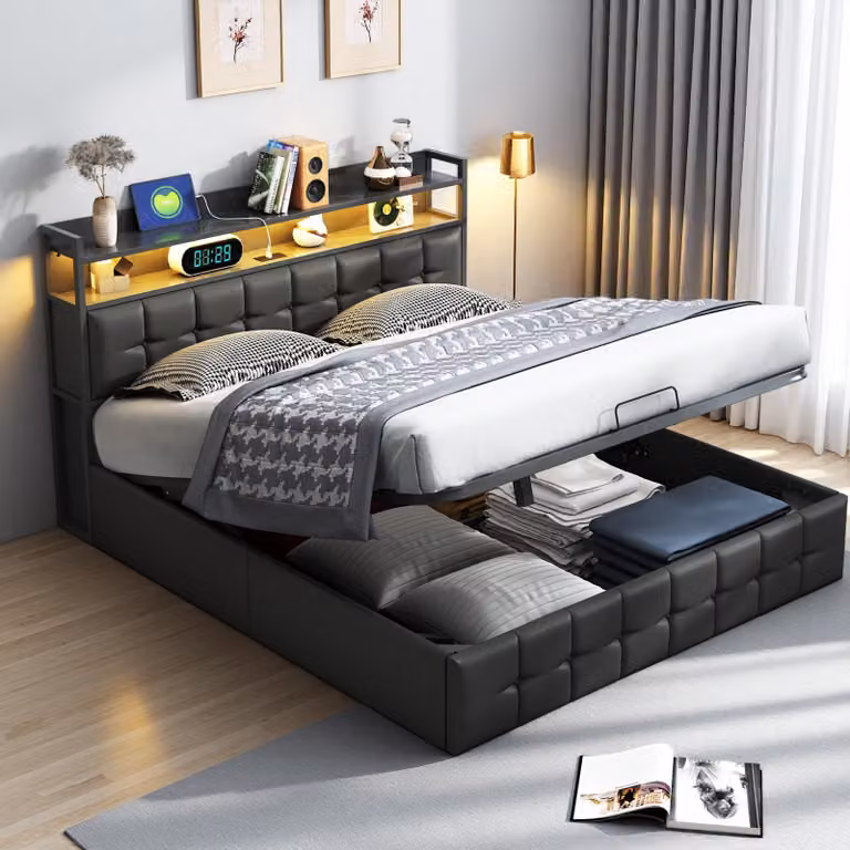 Letto imbottito INONEFT, 160x200 cm, letto matrimoniale con spazio contenitore ad apertura idraulica, letto per ragazzi con illuminazione LED e prese USB, rivestito in ecopelle nera, senza materasso