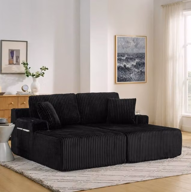 Divano letto 2 posti multifunzionale in tessuto corduroy nero con tasca laterale e portabicchieri