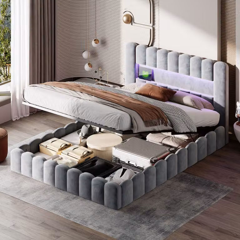 CDGlobal letto imbottito letto matrimoniale 180x200cm, LED letto per giovani letto contenitore idraulico letto funzionale struttura letto con spazio di archiviazione e rete a doghe, testata con funzione di ricarica USB, vano portaoggetti, lino, grigio
