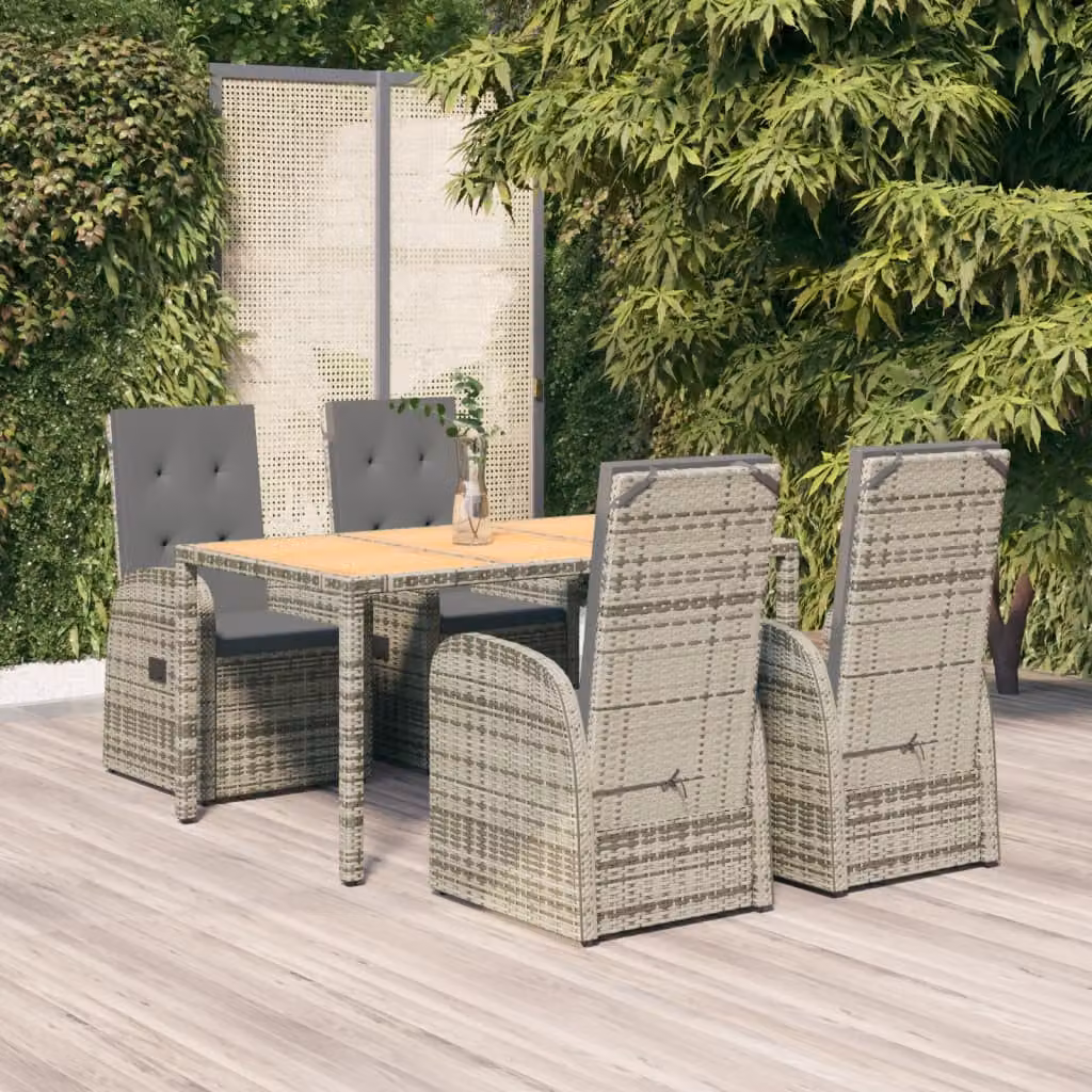 Set da pranzo da giardino vidaXL in polyrattan e legno di acacia con 5 pezzi e cuscini, colore grigio