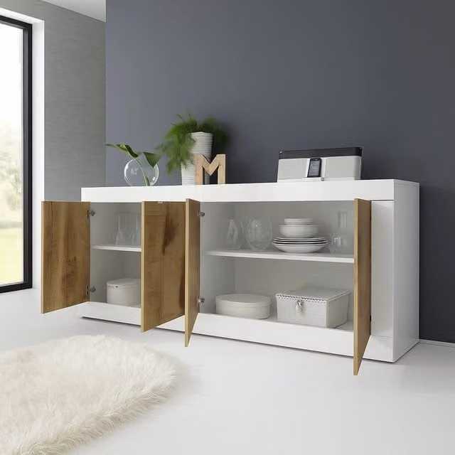 Madia Poli DMORA, Credenza moderna con 2 ripiani, L: 207 cm, P: 43 cm, H: 86 cm, Bianco Lucido – 1