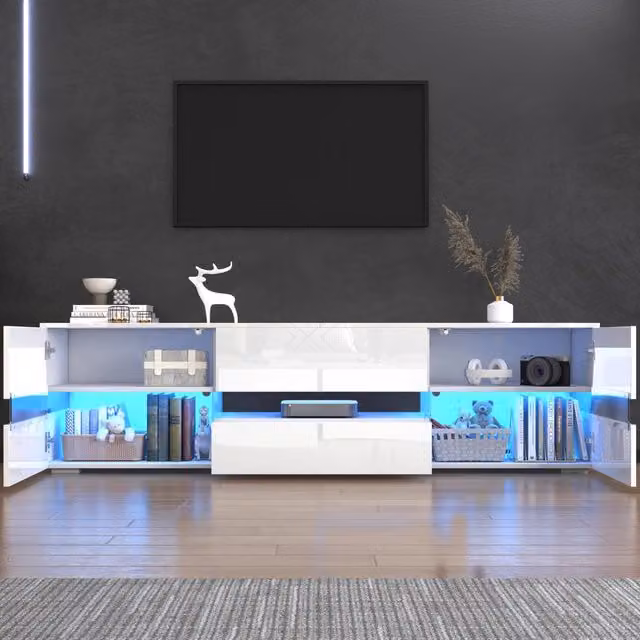 Mobile TV REDOM moderno in legno bianco lucido con illuminazione LED integrata, 2 ante, 1 cassetto e vano aperto, L: 160 cm, P: 39 cm, H: 45 cm