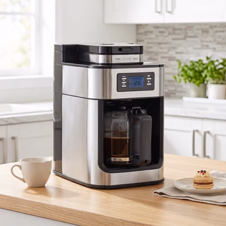 Macchina da caffè Costway con caraffa in vetro da 1 l, macinacaffè elettrico compatto con timer e funzione keep warm, nero e argento in acciaio inossidabile