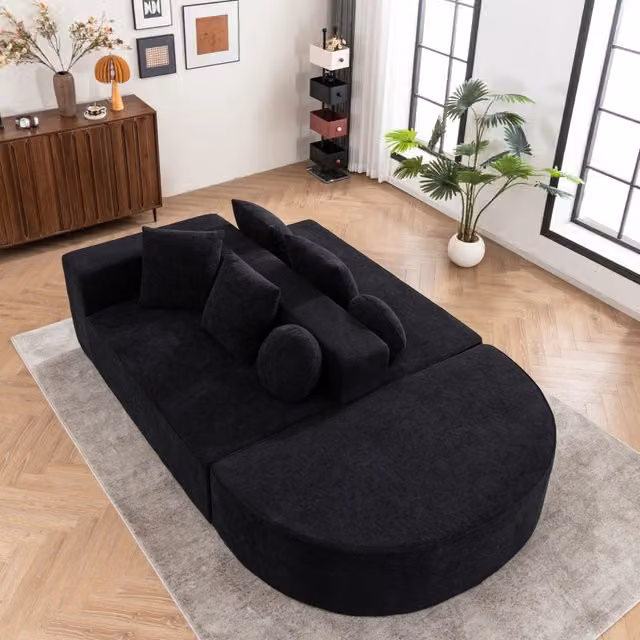Sofà modulare convertibile in letto WISHDOR in tessuto chenille nero con struttura in schiuma per soggiorno e camera da letto