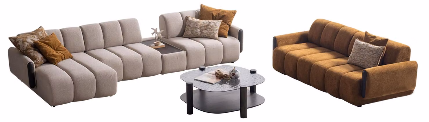 Stilvolle Wohnzimmer Garnitur Edles Ecksofa Holz Couchtisch 3-er