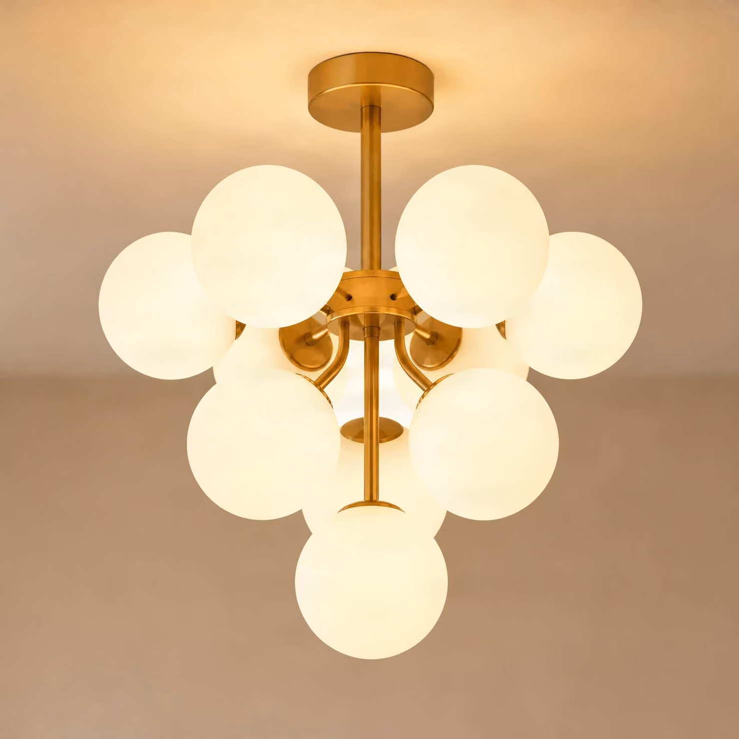Plafoniera soffitto Peyton Lucande, dimmerabile, Ottone / Oro, Soggiorno / Sala da pranzo, Vetro, Design, Plafoniera