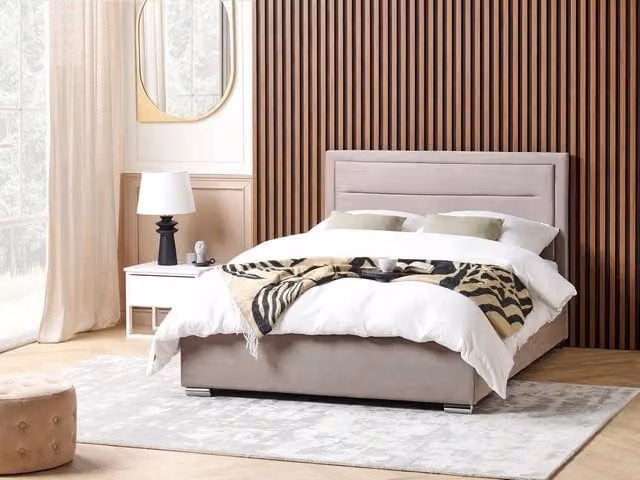 Letto matrimoniale Beliani in velluto beige con contenitore e design moderno imbottito L/P/H: 140 x 200 x 111 cm