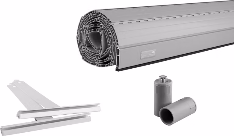 Set di tende per tapparelle Schellenberg PVC Mini per alberi in tubo d'acciaio da 40 mm, incl. molle di sospensione per tapparelle, barra terminale in alluminio e fermo per tapparelle, accorciabile individualmente, 90 x 110 cm, grigio, 39006