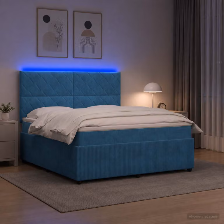 Letto Box Spring vidaXL in Velluto Blu con Materasso Ibrido e Illuminazione LED, L: 160 cm, P: 200 cm