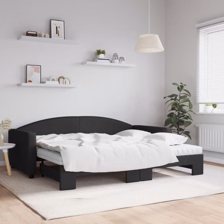 vidaXL Divano Letto Estraibile in Tessuto Nero con Materasso L/P/H: 223 x 90 x 75 cm