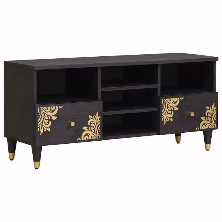 Mobile TV vidaXL moderno in legno di mango nero e oro L/P/H: 100 x 33 x 46 cm