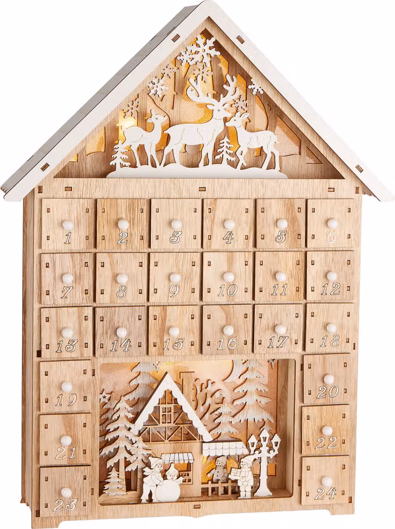 Calendario dell'Avvento BRUBAKER da riempire - Casa di Natale - Calendario di Natale in legno da 40 cm con illuminazione a LED - Villaggio