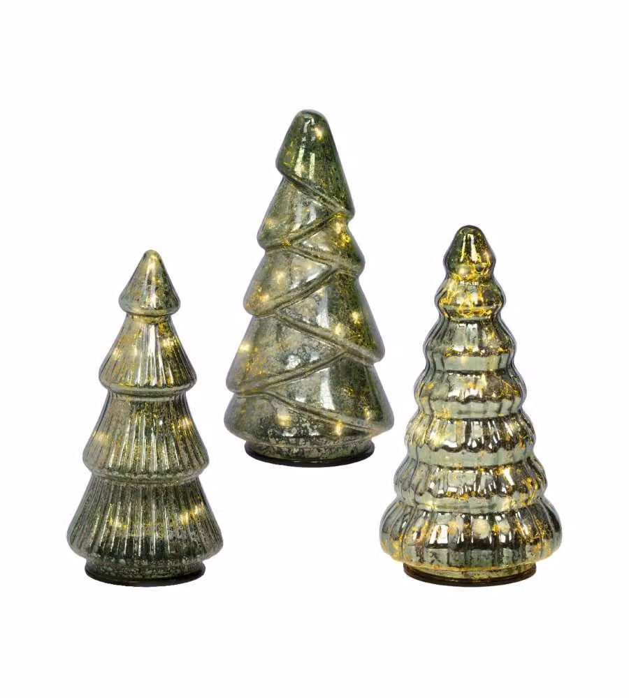 Lumineo Set 3 Alberi di Natale in Vetro - Verde - 10 LED 9x17,5 cm