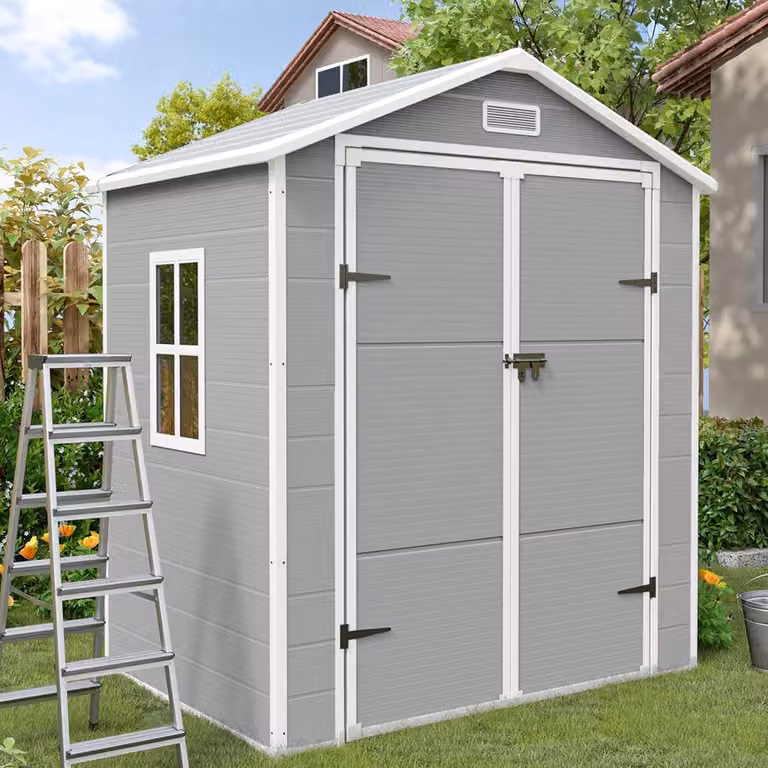 Casetta da giardino resistente alle intemperie, 3,9 m³, realizzata in resina plastica, colore grigio e bianco, dimensioni 183x137x210 cm, con finestra