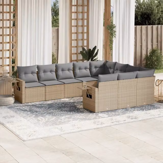 vidaXL Set Divano da Giardino a L in Polyrattan 10 pz con Cuscini Beige e Grigio e Tavolino da Esterno