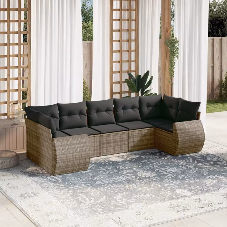 Set di divani da giardino vidaXL in polyrattan grigio con cuscini, 7 pezzi