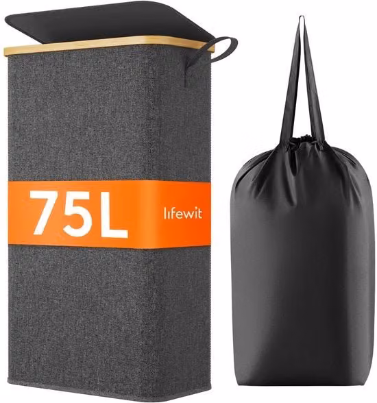Cesto per biancheria Lifewit in bambù con coperchio e maniglie, capacità 75 l, colore nero