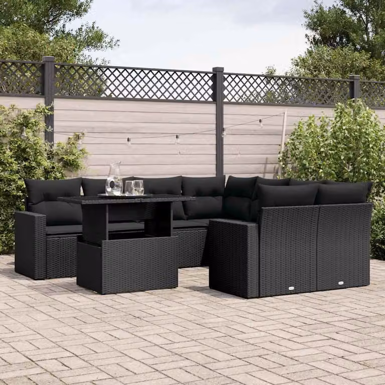 vidaXL Set Divani da Giardino a L 9 pz con Cuscini e Tavolino Nero in Polyrattan e Acciaio
