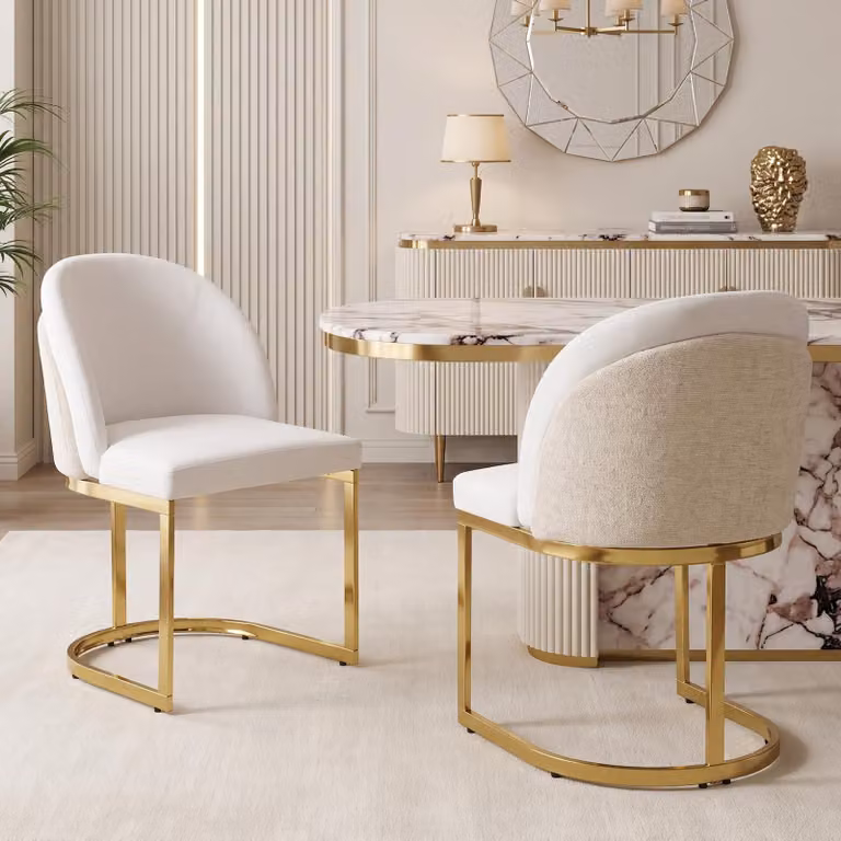 Set di 2 sedie da pranzo Flieks, con gambe placcate in oro, comode, traspiranti, rivestite in tessuto di chenille, ideali per la cucina, imbottite, colore beige e oro