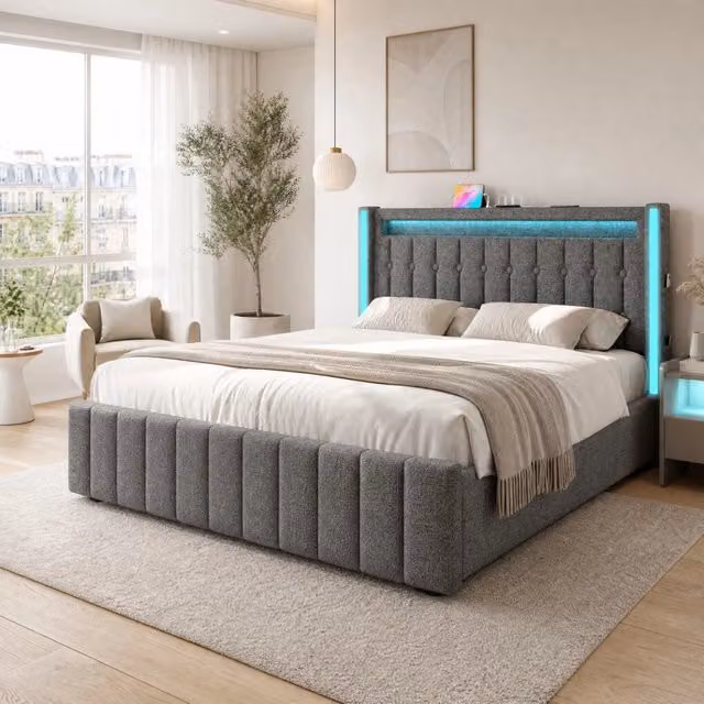Letto imbottito grigio 160x200 cm con 4 cassetti, LED regolabili e funzione di ricarica USB Tipo C, telaio con rete a doghe in legno