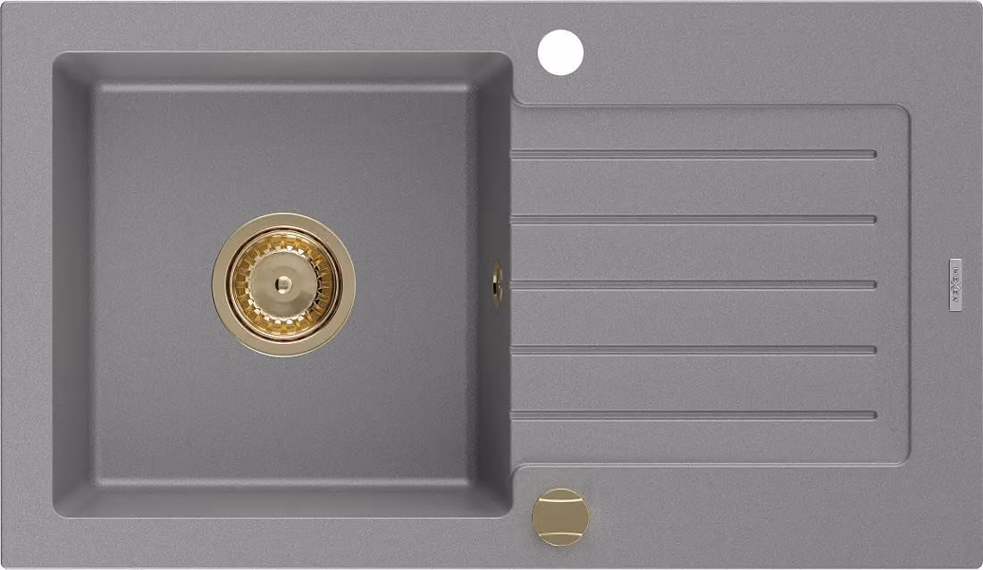 Mexen Pablo lavello in granito a 1 vasca con scolapiatti 752 x 436 mm, grigio, sifone oro - 6510751010-71-G