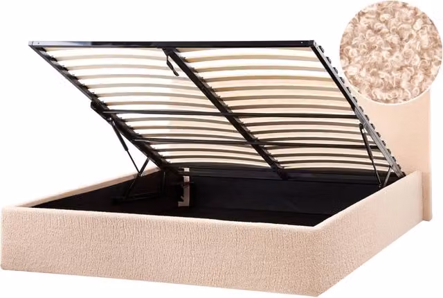 Letto imbottito in bouclé beige 140 x 200 cm con contenitore per testata elevabile