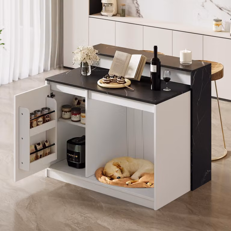 MODFU Isola da cucina Isola da cucina con spazio contenitivo Tavolo da cucina Mobile da cucina con zona relax per animali domestici Effetto marmo Bianco e nero