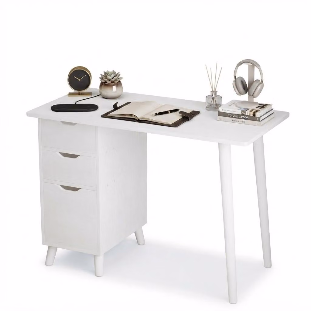 Scrivania da computer bianca con cassetti, ufficio in stile scandinavo, scrivania in stile loft per la scuola