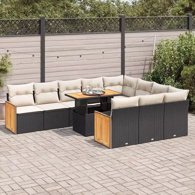 Set di Divani da Giardino vidaXL in Polyrattan e Legno di Acacia Nero con Cuscini, Forma a U e Tavolino da Esterno, 11 Pezzi – 1