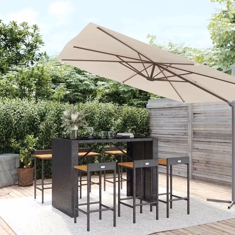 Set Bar da Giardino vidaXL in 7 Pezzi Nero con Polyrattan e Legno di Acacia
